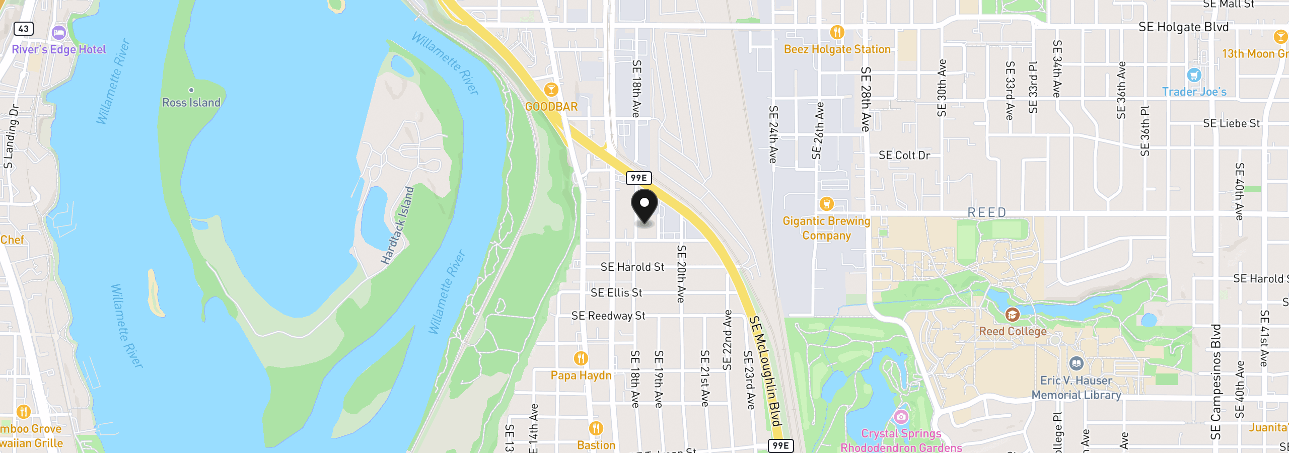 Map showing the location of 5326 SE 18th Ave, Portland, OR 97202