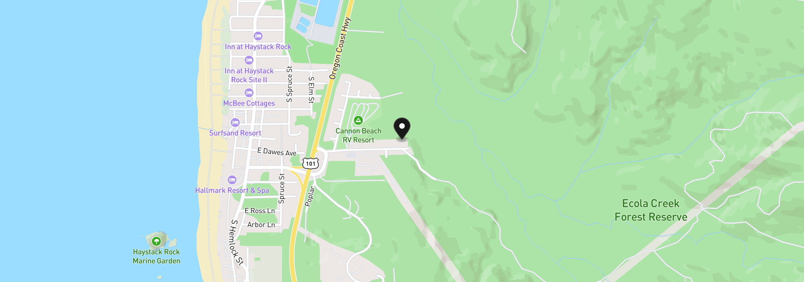 Map showing the location of 420 Elk Creek Rd 601, Cannon Beach, OR 97110
