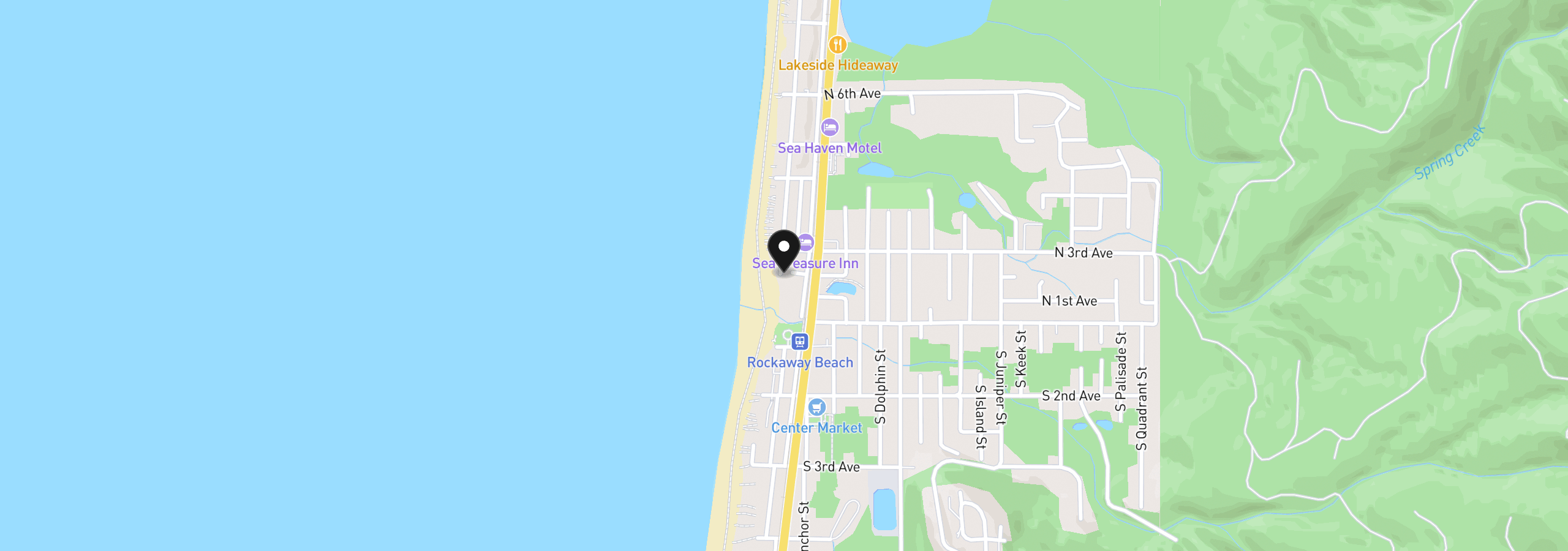Map showing the location of 102 N 2nd Ave, Rockaway Beach, OR 97136