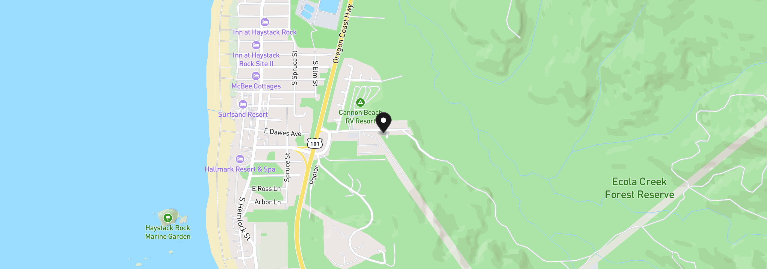 Map showing the location of 1320 Cascara Ln, Cannon Beach, OR 97110