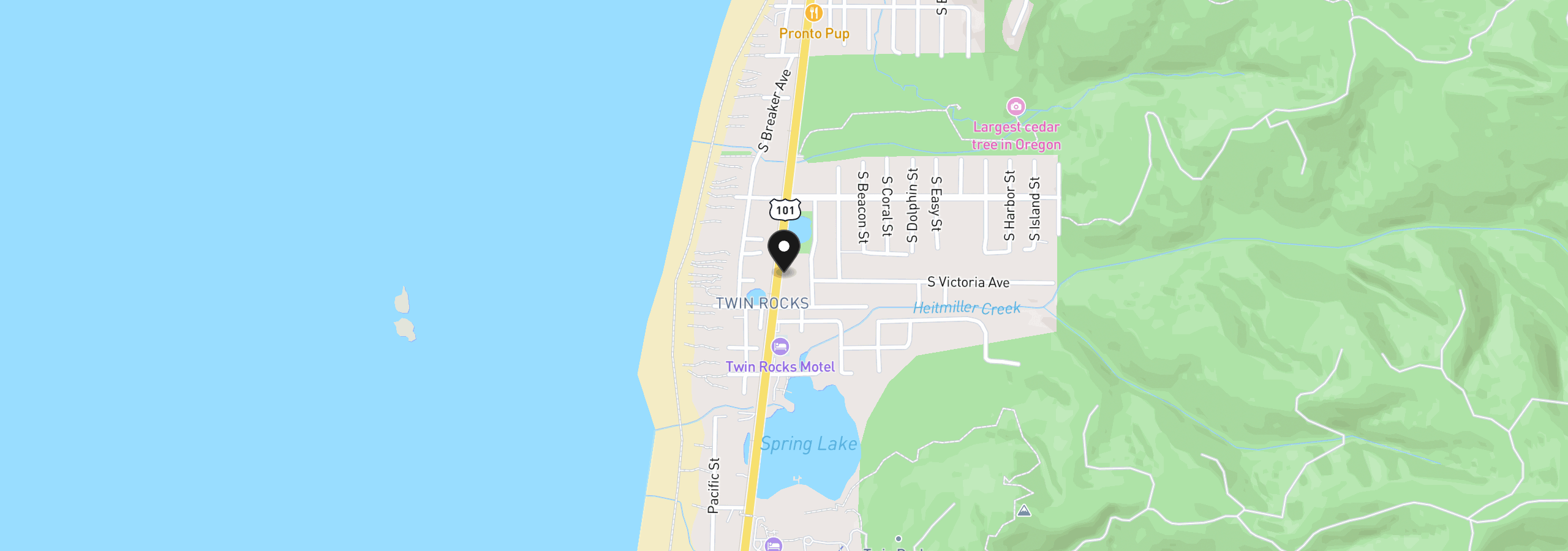 Map showing the location of Hwy 101, Rockaway Beach, OR 97136