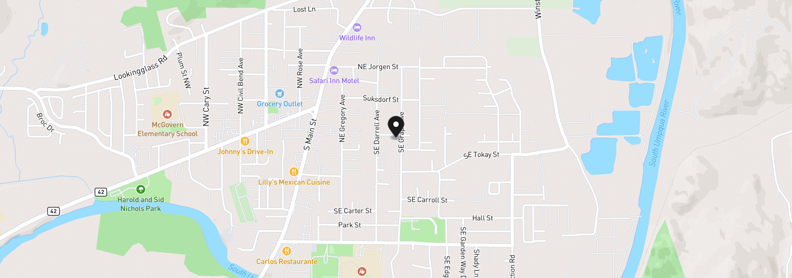 Map showing the location of 271 SE Robinson St, Winston, OR 97496
