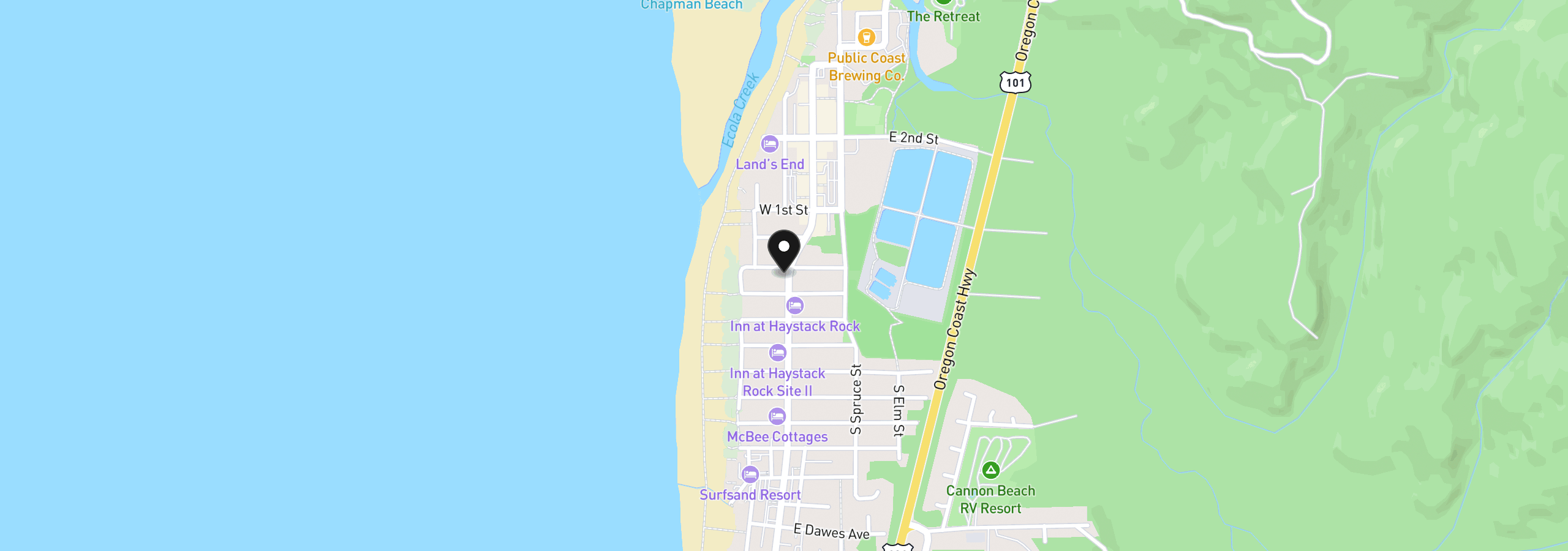 Map showing the location of 107 W Washington St, Cannon Beach, OR 97110