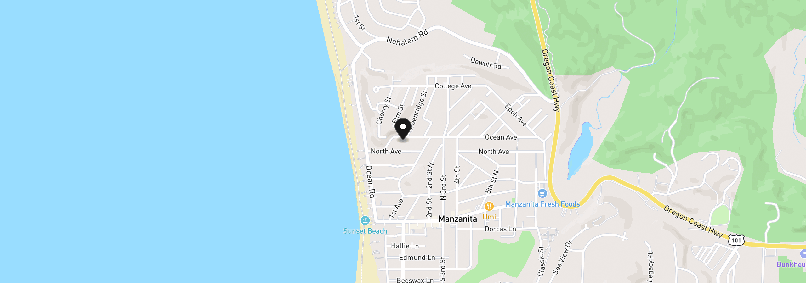 Map showing the location of 106 Ocean Ave, Manzanita, OR 97130