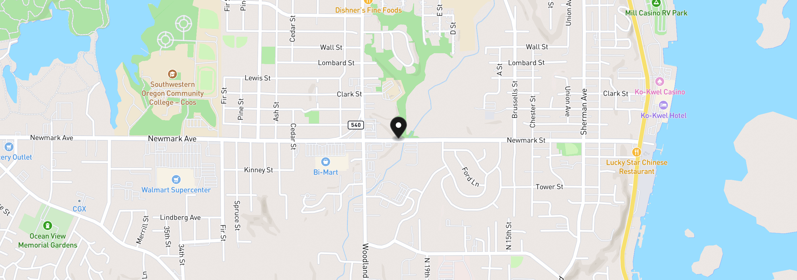 Map showing the location of 0 Newmark St, North Bend, OR 97459