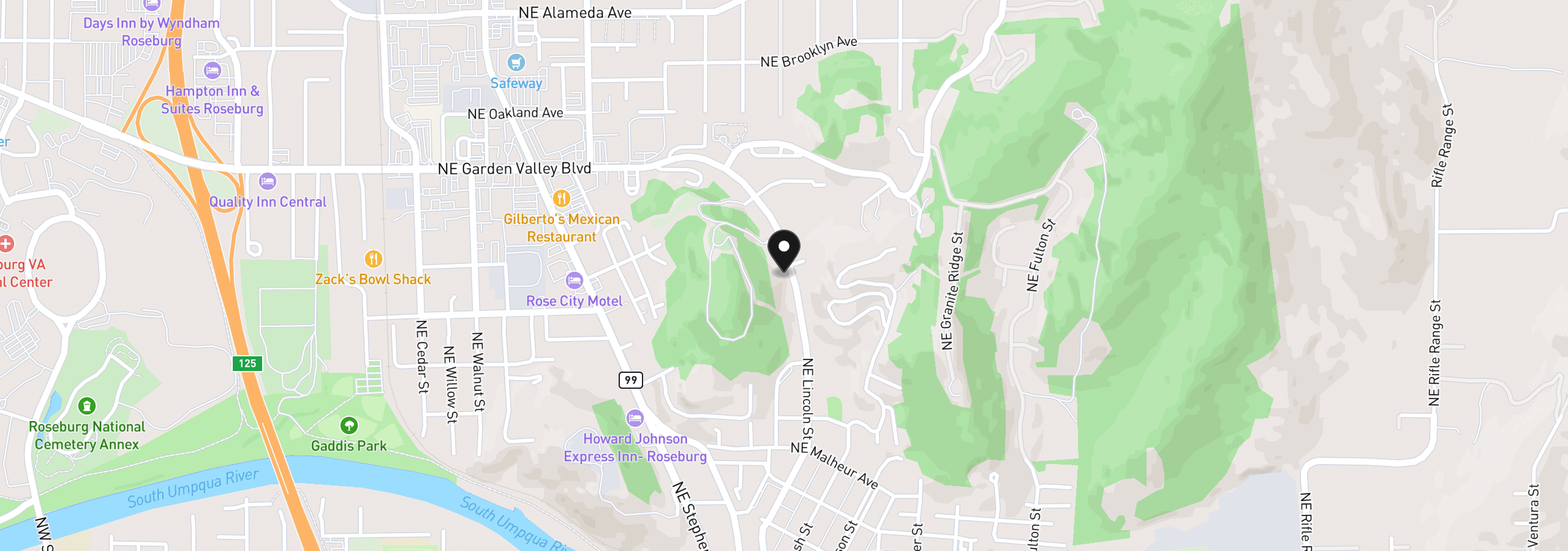 Map showing the location of 1318 NE Lincoln St, Roseburg, OR 97470