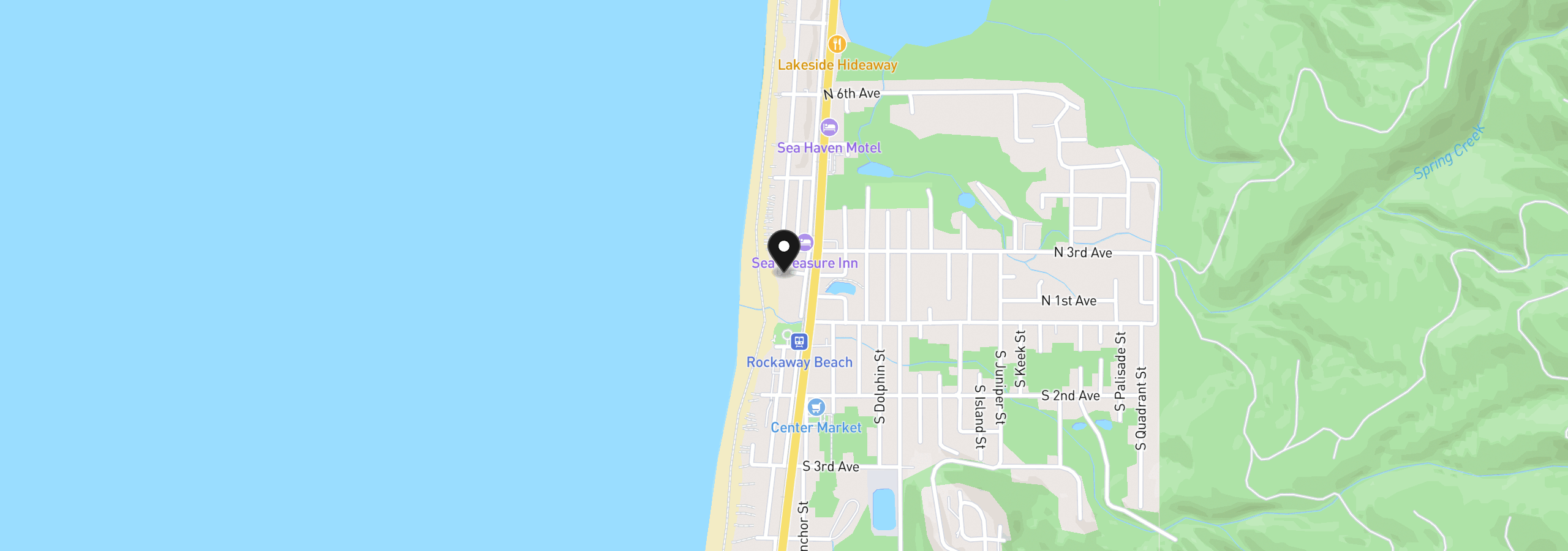 Map showing the location of 160 N 3rd Ave, Rockaway Beach, OR 97136