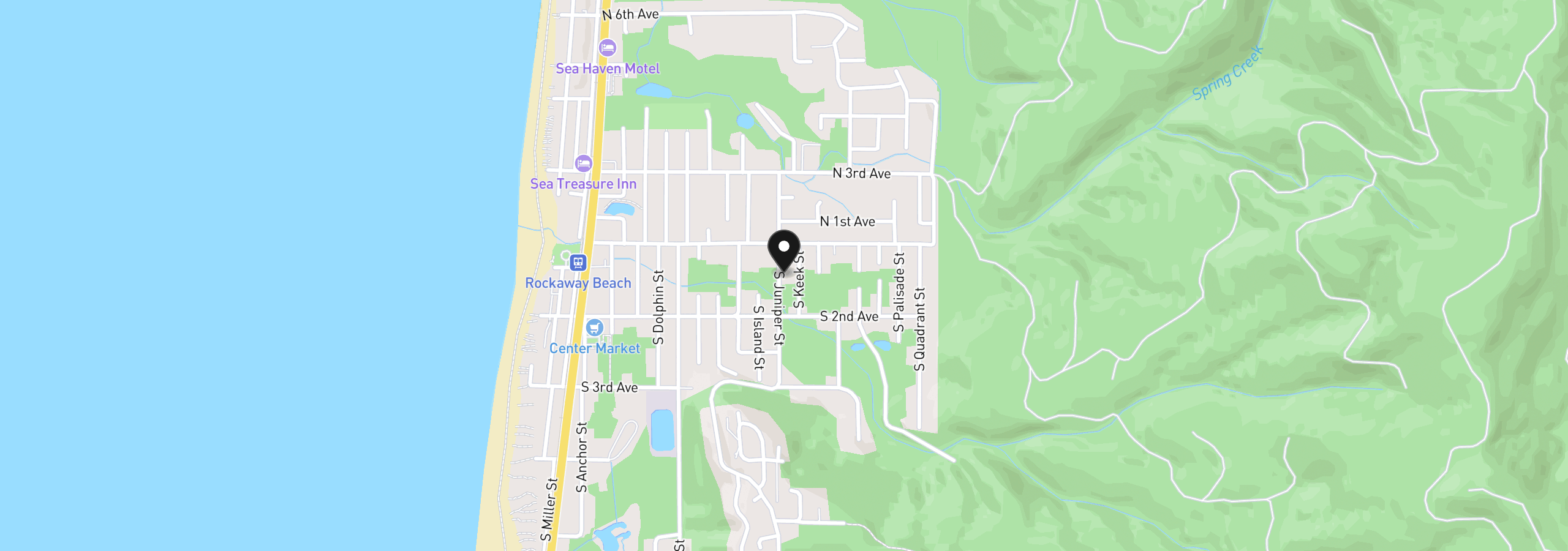 Map showing the location of 144 S Juniper St, Rockaway Beach, OR 97136
