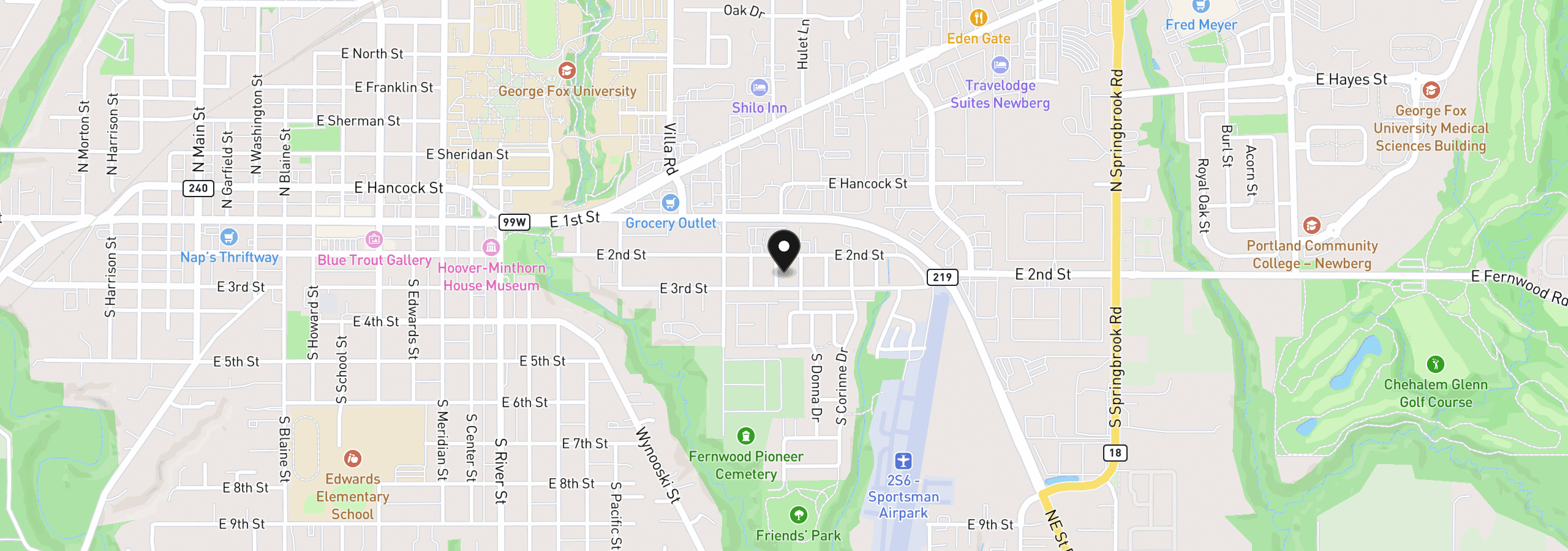 Map showing the location of 210 S Meredith Dr, Newberg, OR 97132