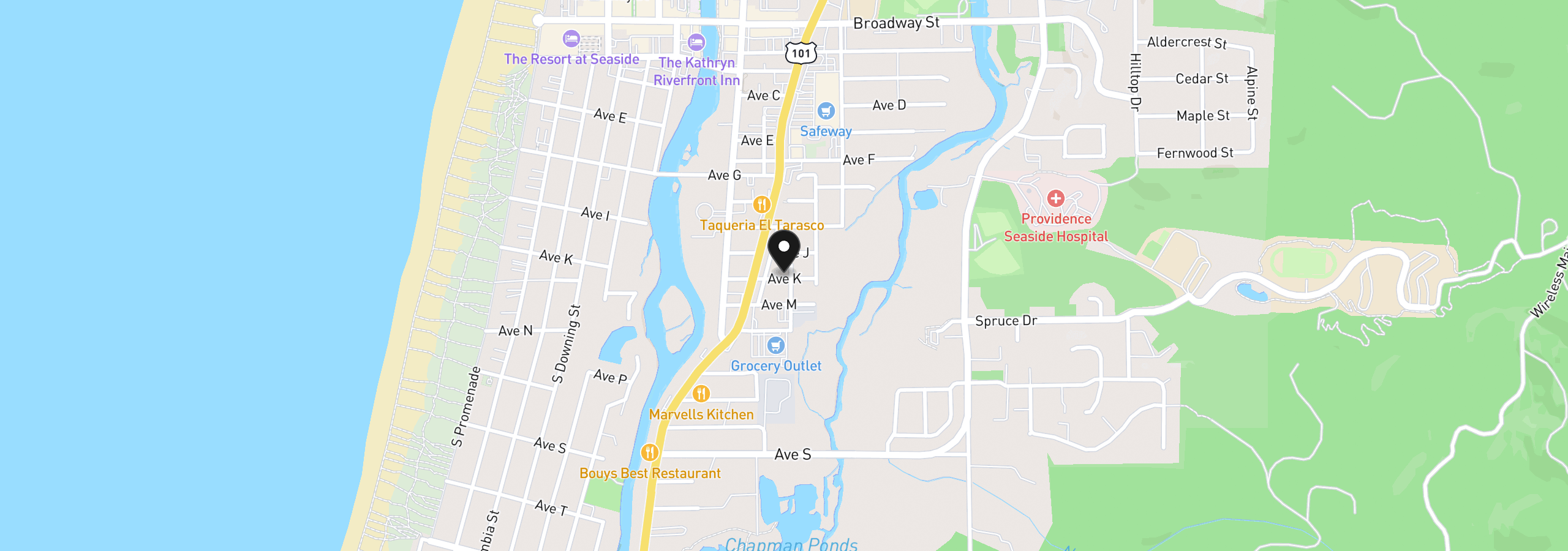 Map showing the location of 1050 S Jackson St, Seaside, OR 97138