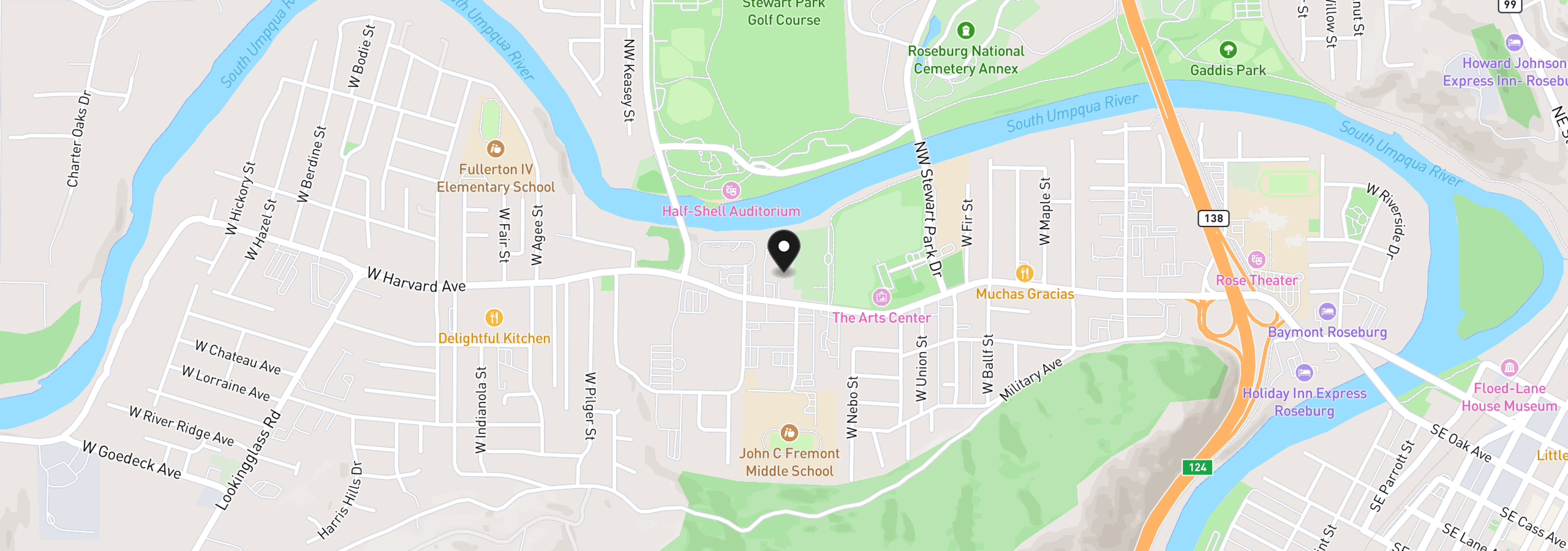 Map showing the location of 1802 W Harvard Ave, Roseburg, OR 97471