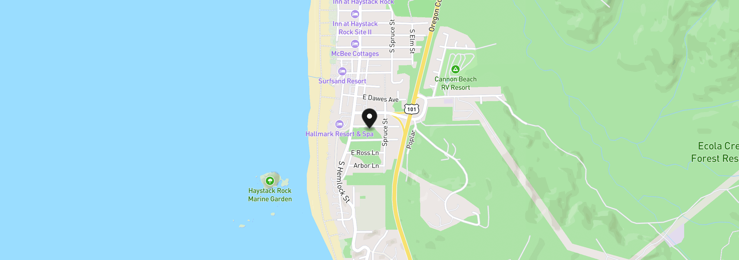 Map showing the location of 155 Elliott Way, Cannon Beach, OR 97110