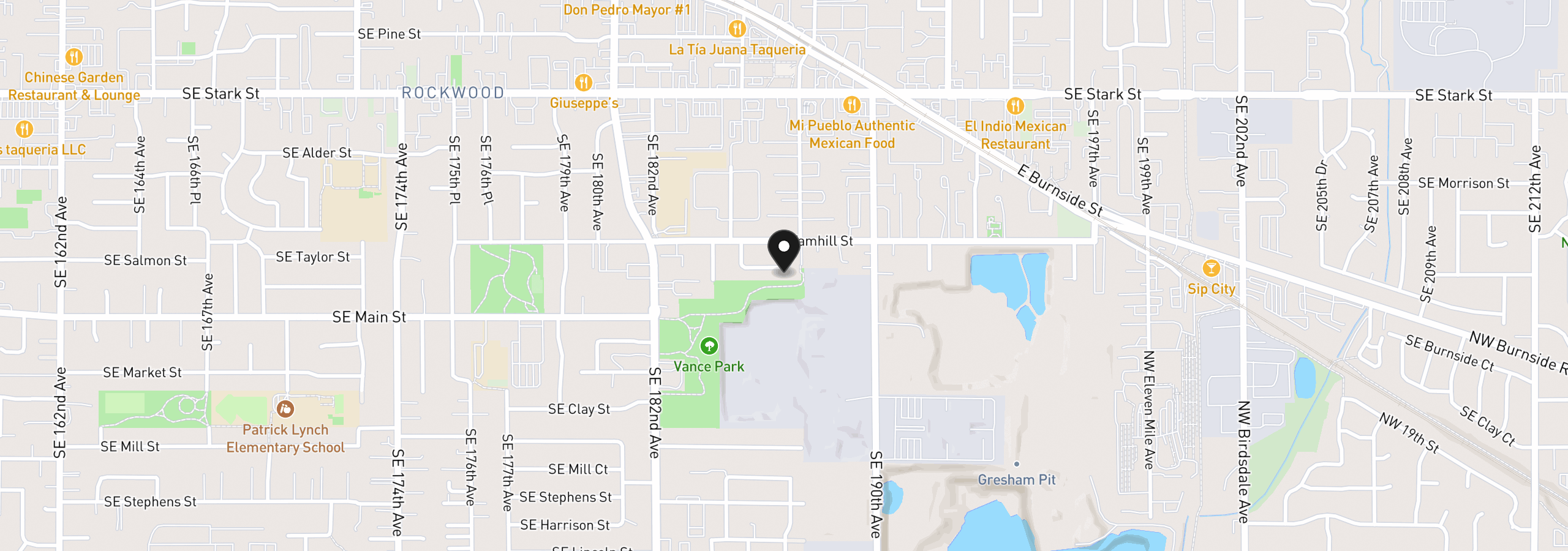 Map showing the location of 18630 SE Yamhill Cir, Portland, OR 97233