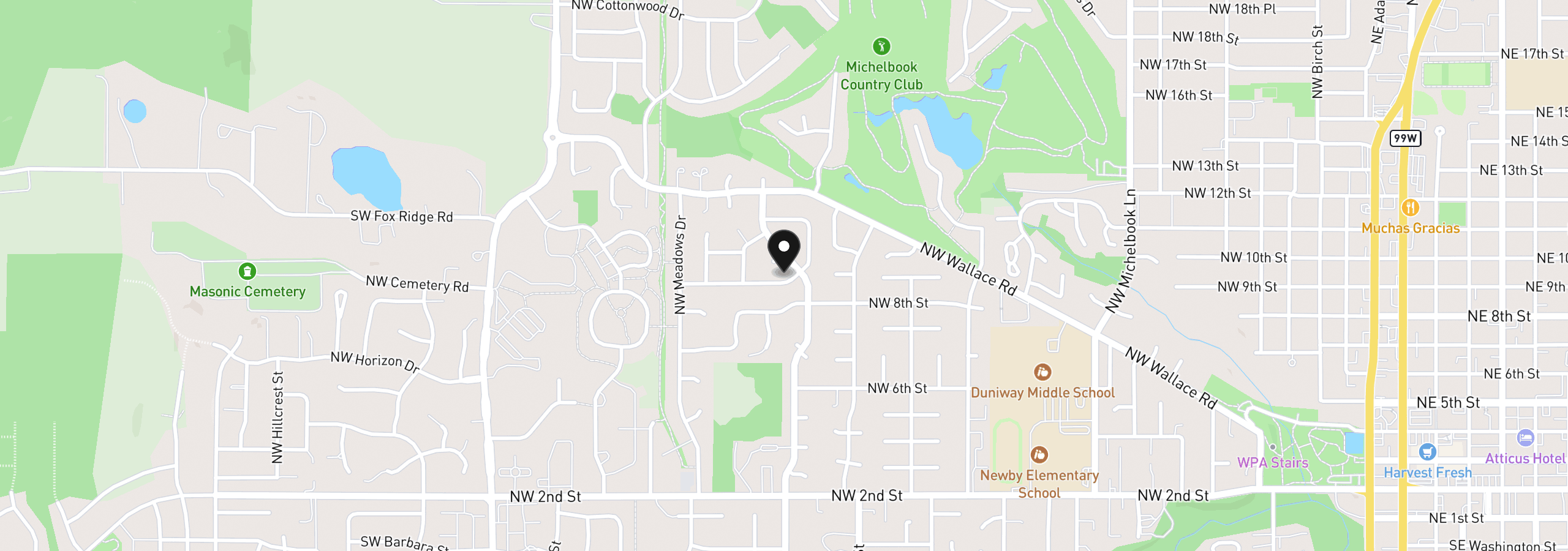Map showing the location of 1719 NW Poppy Hills Dr, McMinnville, OR 97128