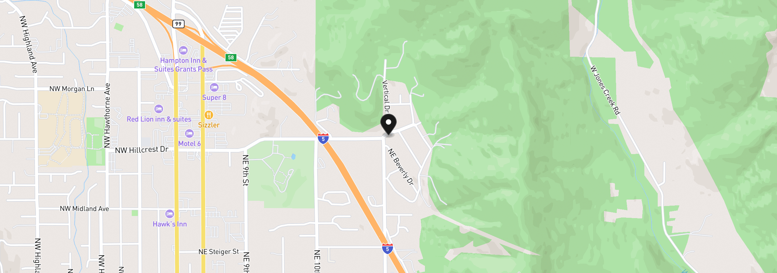 Map showing the location of 1499 NE Hillcrest Dr, Grants Pass, OR 97526