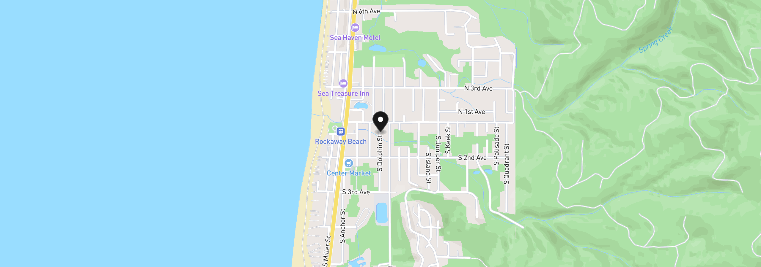 Map showing the location of 132 S Dolphin St, Rockaway Beach, OR 97136