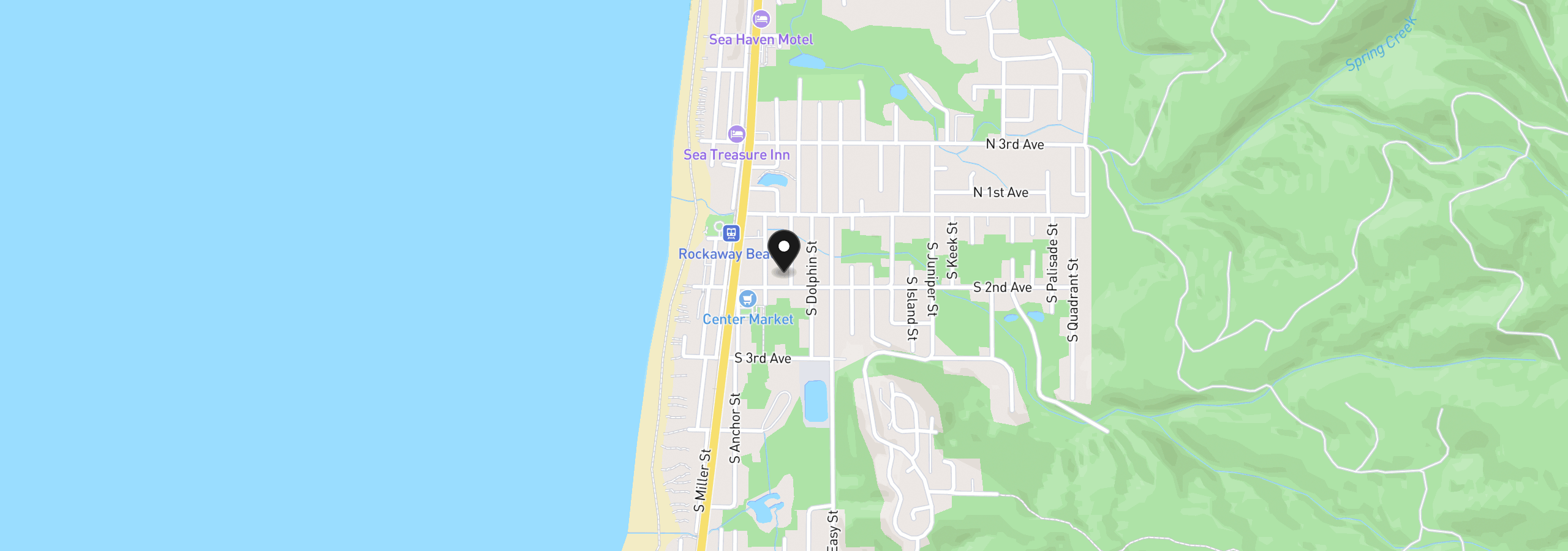 Map showing the location of 185 S Coral St, Rockaway Beach, OR 97136