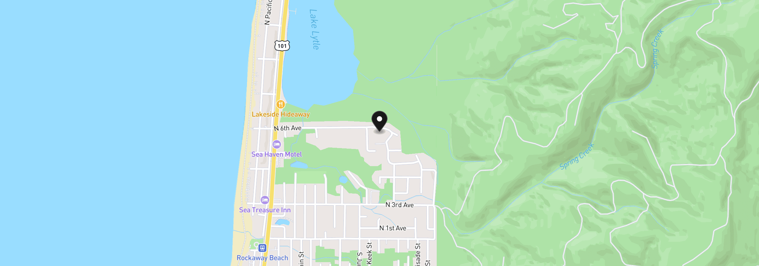 Map showing the location of 1000 Timberlake Dr, Rockaway Beach, OR 97136