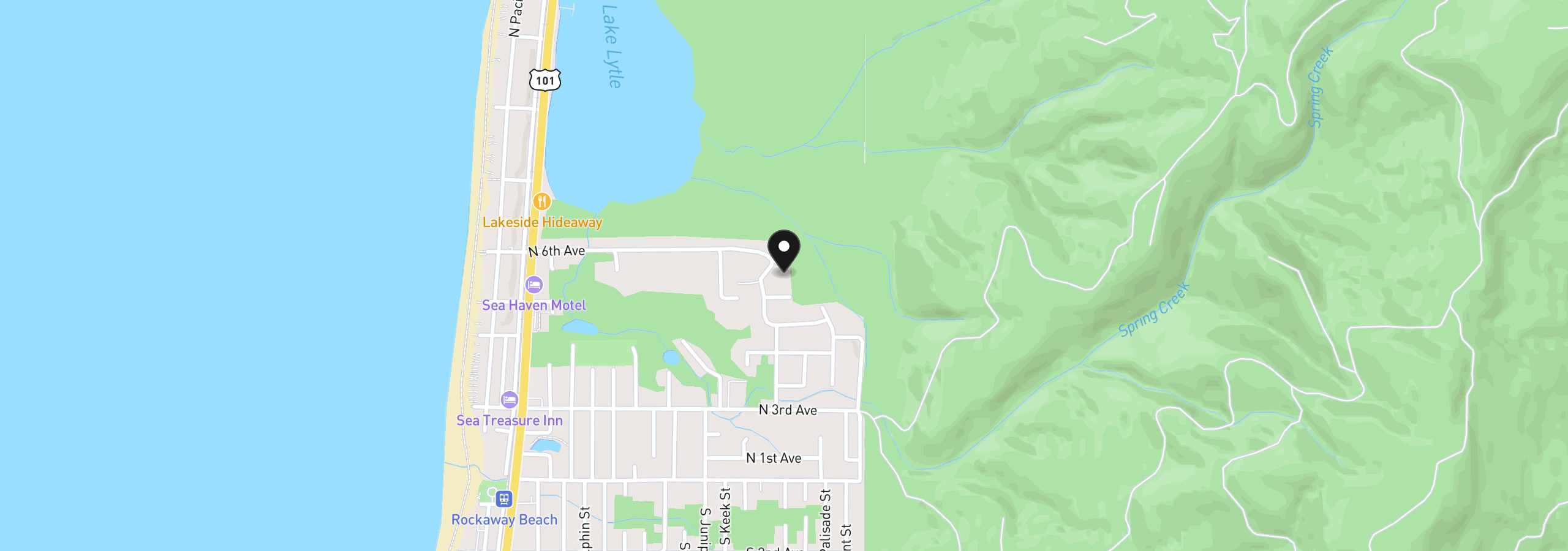 Map showing the location of 1302 Timberlake Dr, Rockaway Beach, OR 97136