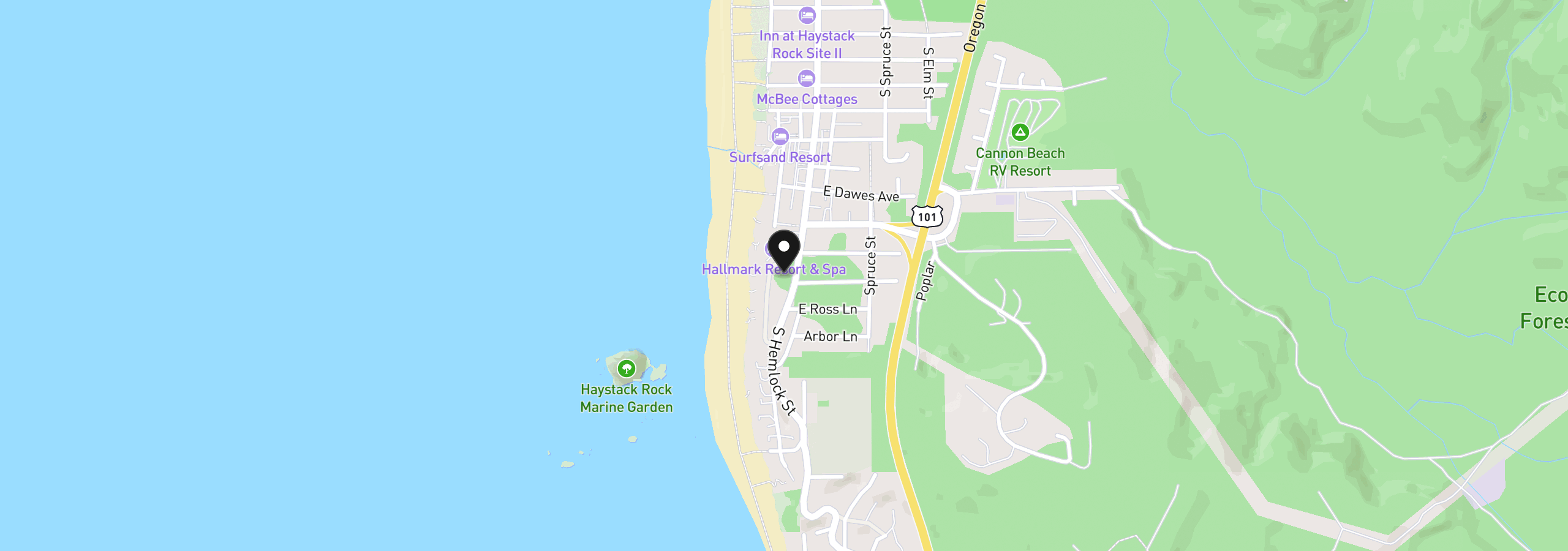 Map showing the location of Forest Lawn Rd, Cannon Beach, OR 97110