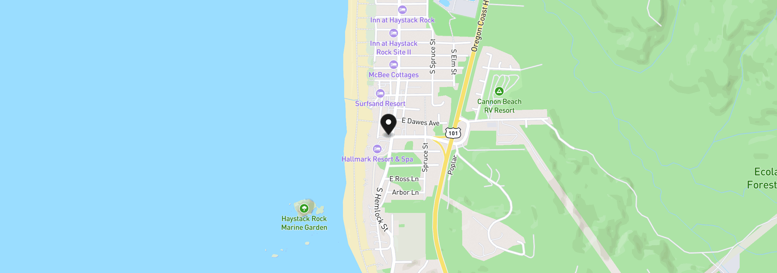 Map showing the location of 1380 S Hemlock St, Cannon Beach, OR 97110
