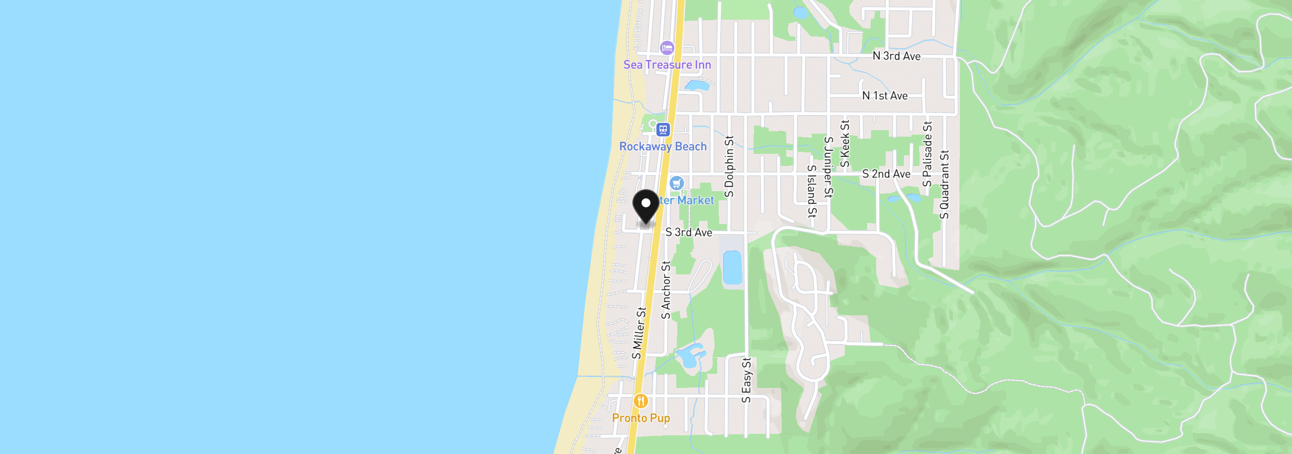 Map showing the location of 285 S Miller St, Rockaway Beach, OR 97136
