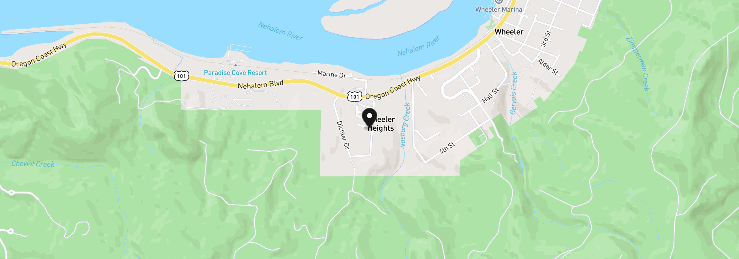 Map showing the location of 112 Pennsylvania Ave, Wheeler, OR 97147