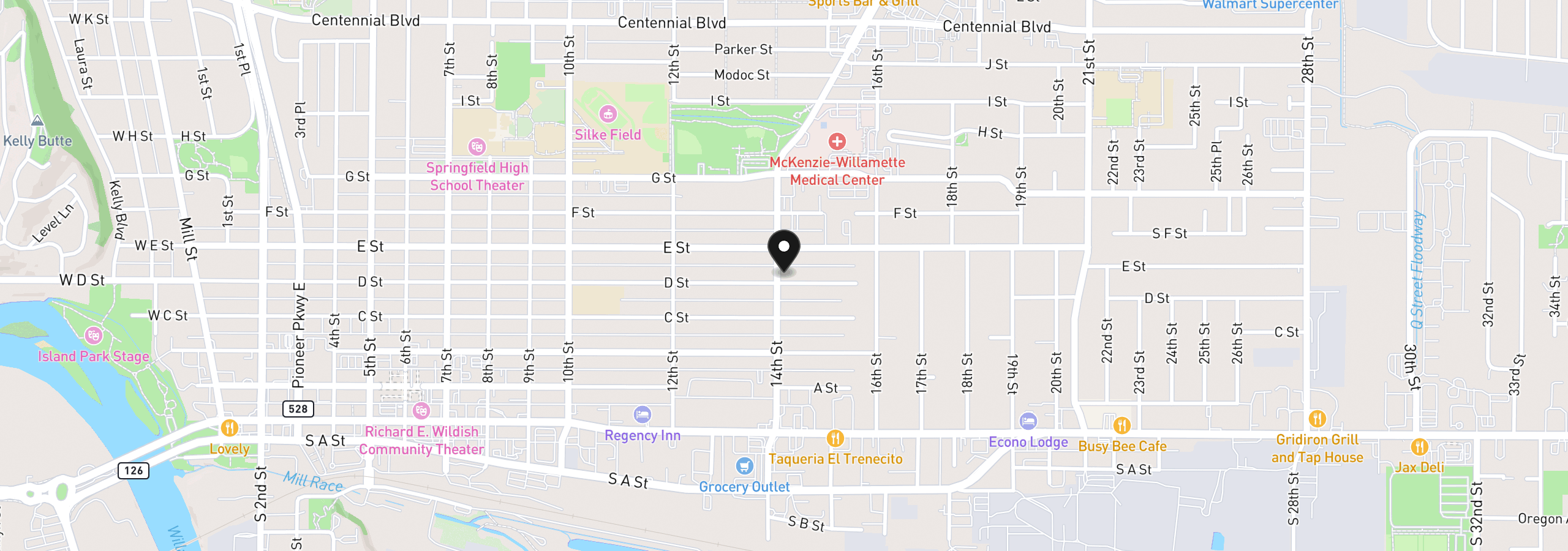 Map showing the location of 509 14th St, Springfield, OR 97477