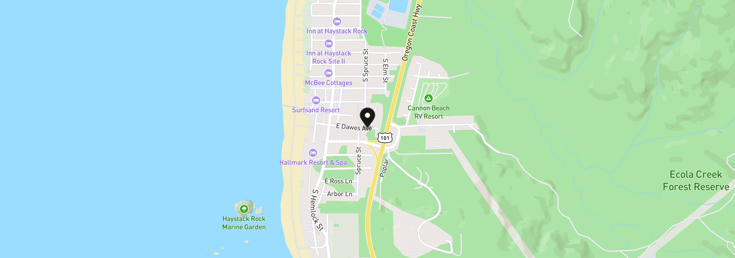 Map showing the location of E Dawes Lot 7, Cannon Beach, OR 97110