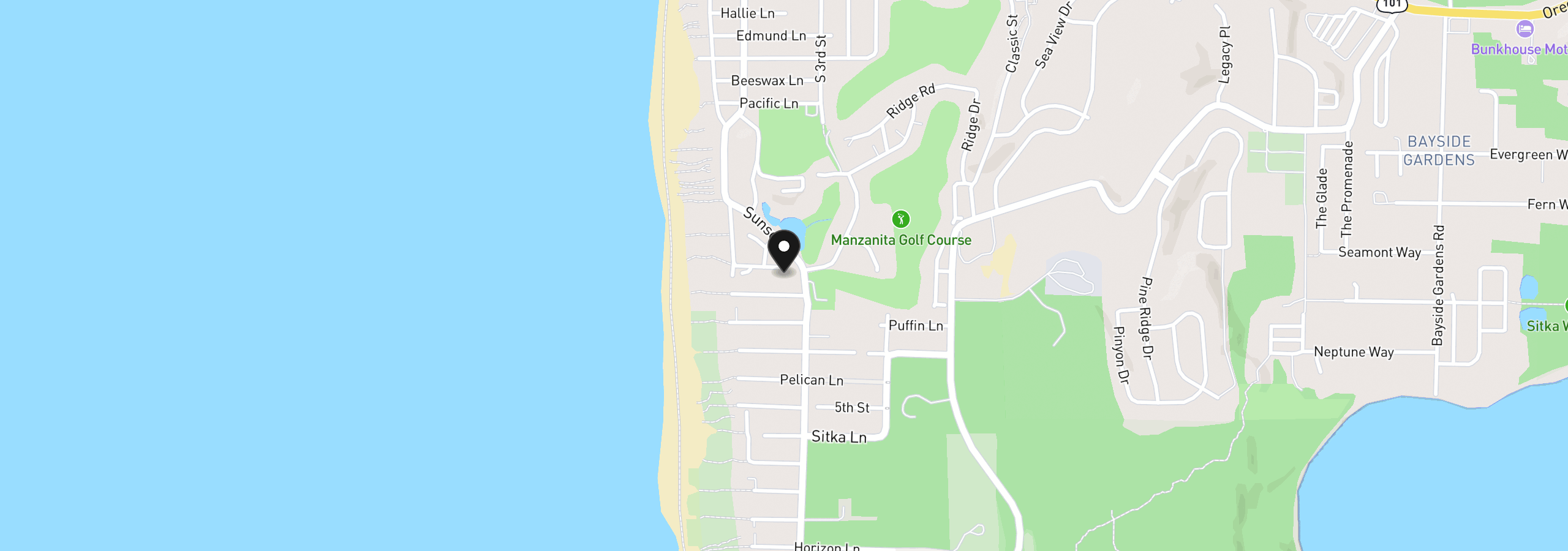Map showing the location of 90 Beach Dr, Manzanita, OR 97130