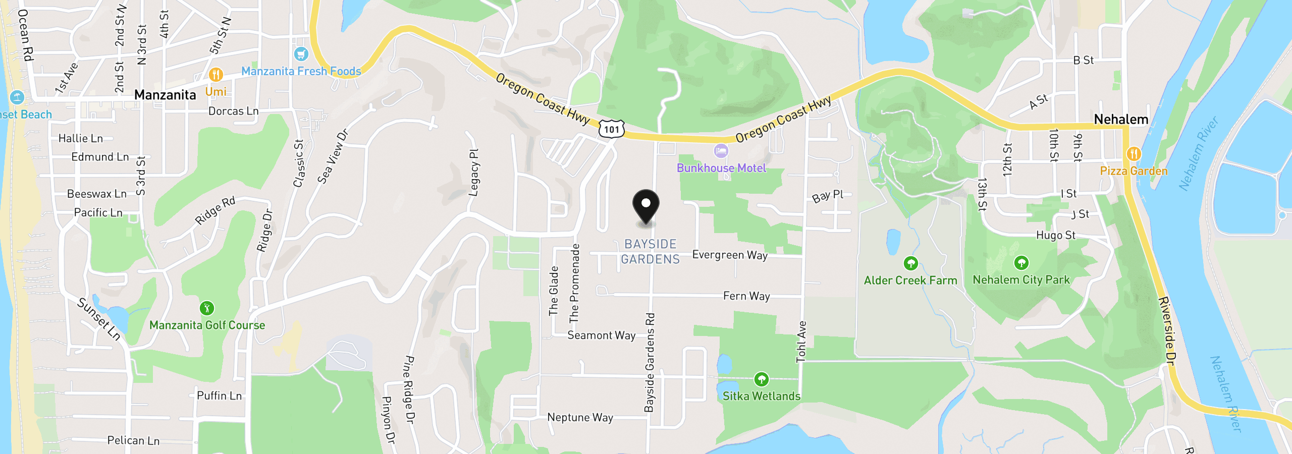 Map showing the location of 35260 Bayside Gardens Rd, Nehalem, OR 97131