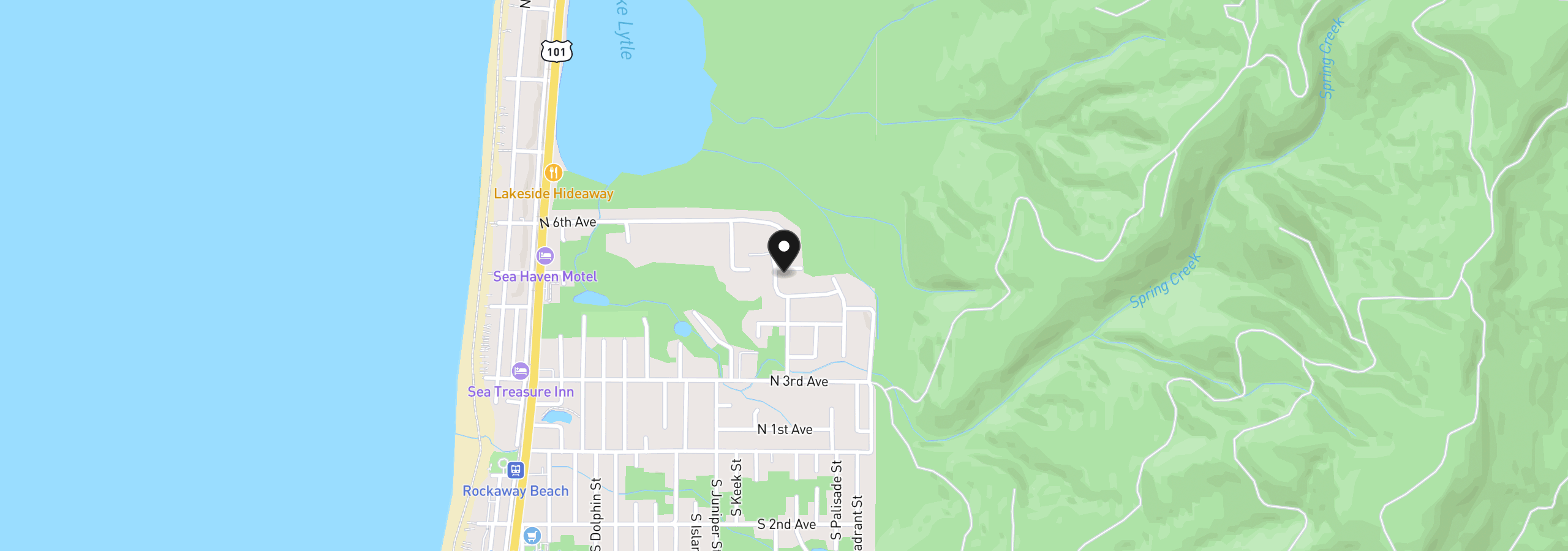 Map showing the location of 490 Cedar Creek Cir, Rockaway Beach, OR 97136