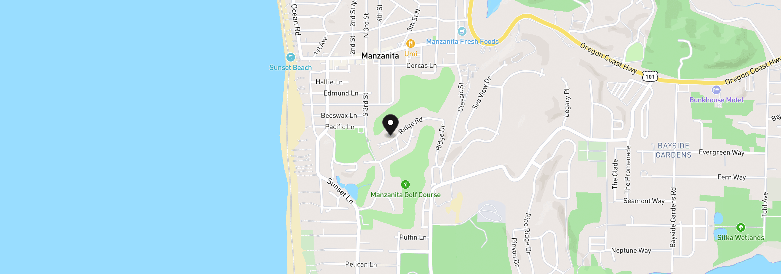 Map showing the location of 445 Ridge Ct, Manzanita, OR 97130