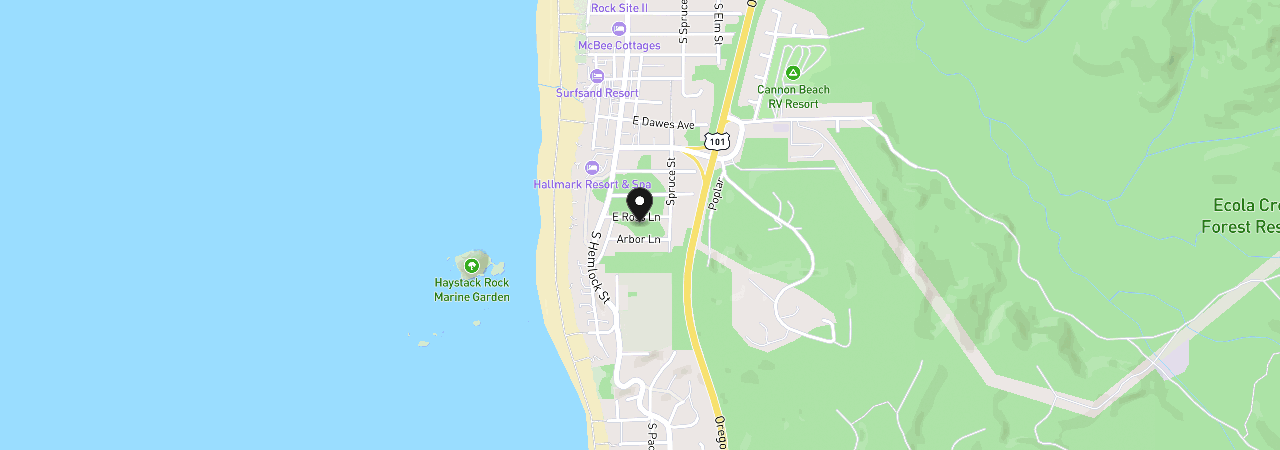 Map showing the location of Ross Ln, Cannon Beach, OR 97110