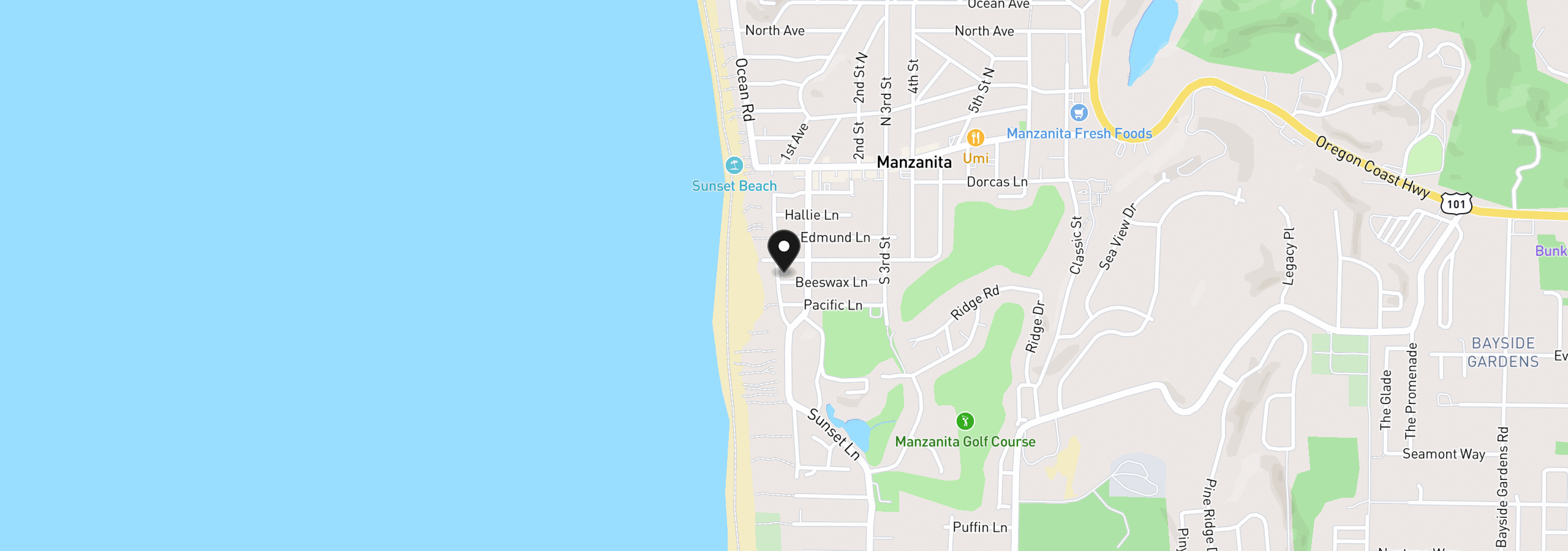 Map showing the location of 11 Beeswax Ln, Manzanita, OR 97130