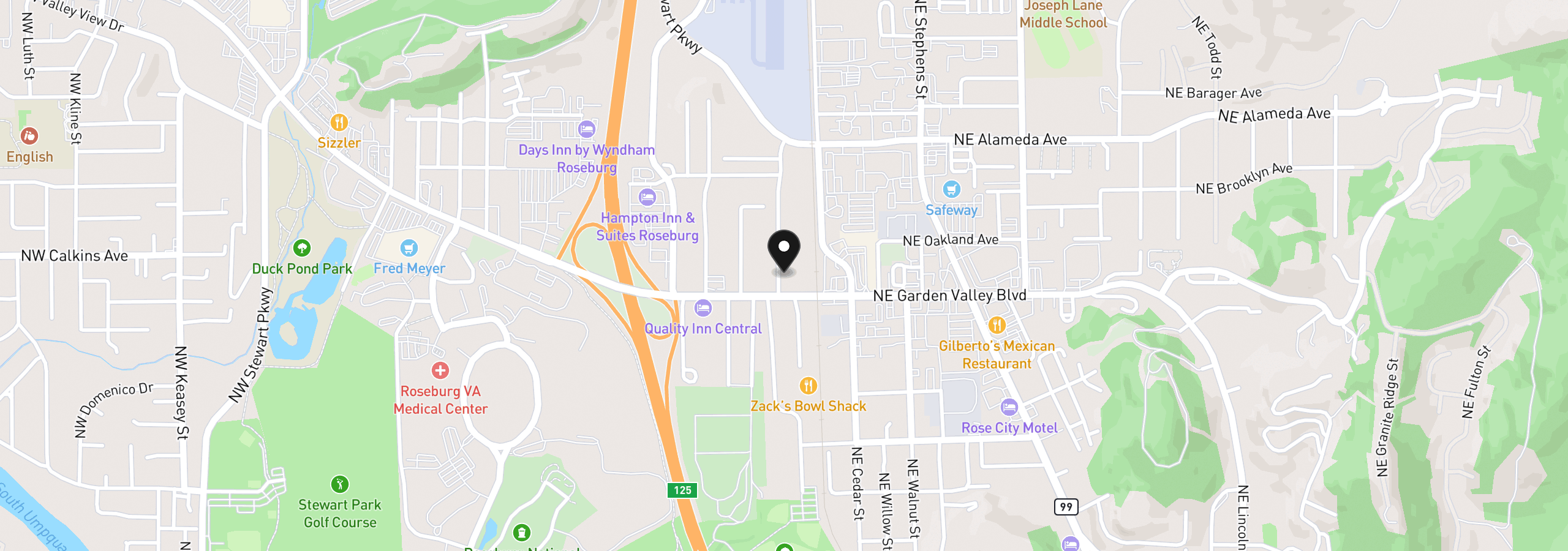 Map showing the location of 1443 NW Fairmount St, Roseburg, OR 97470