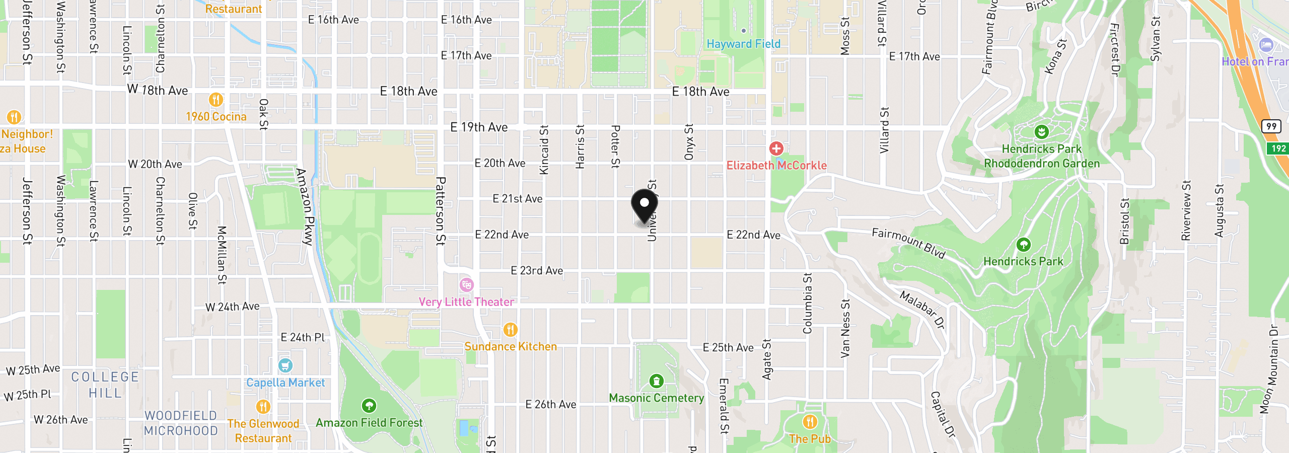 Map showing the location of 2186 University St, Eugene, OR 97403