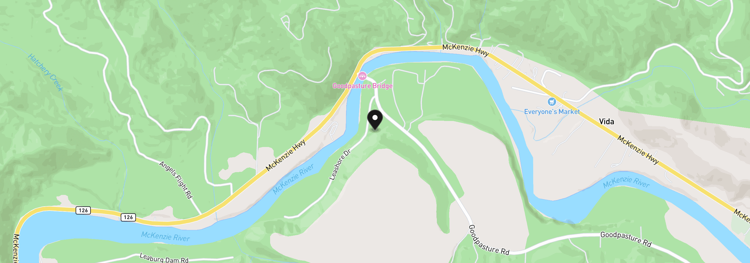 Map showing the location of 91025 Leashore Dr, Vida, OR 97488