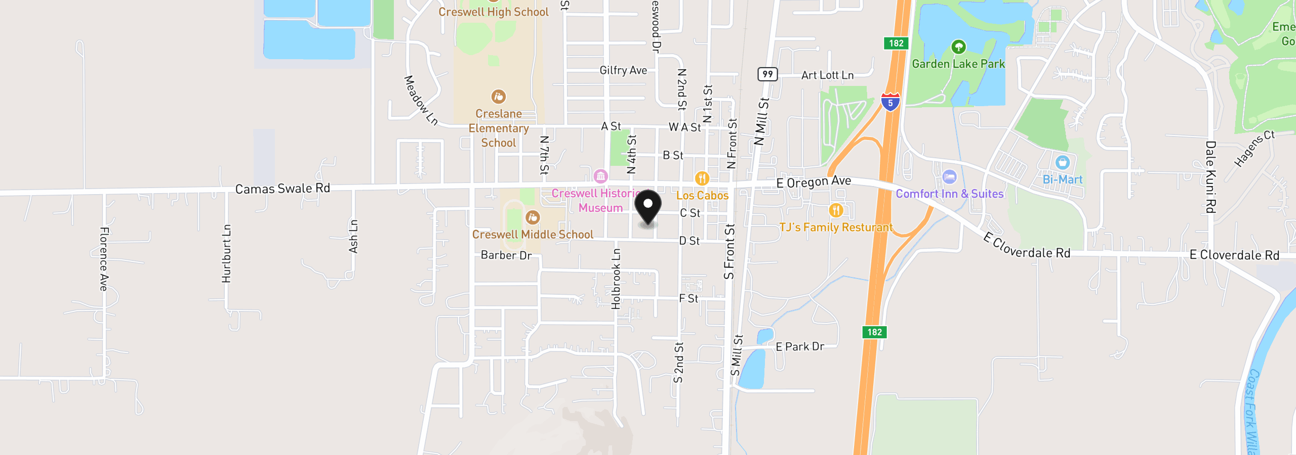 Map showing the location of 115 S 3rd St, Creswell, OR 97426