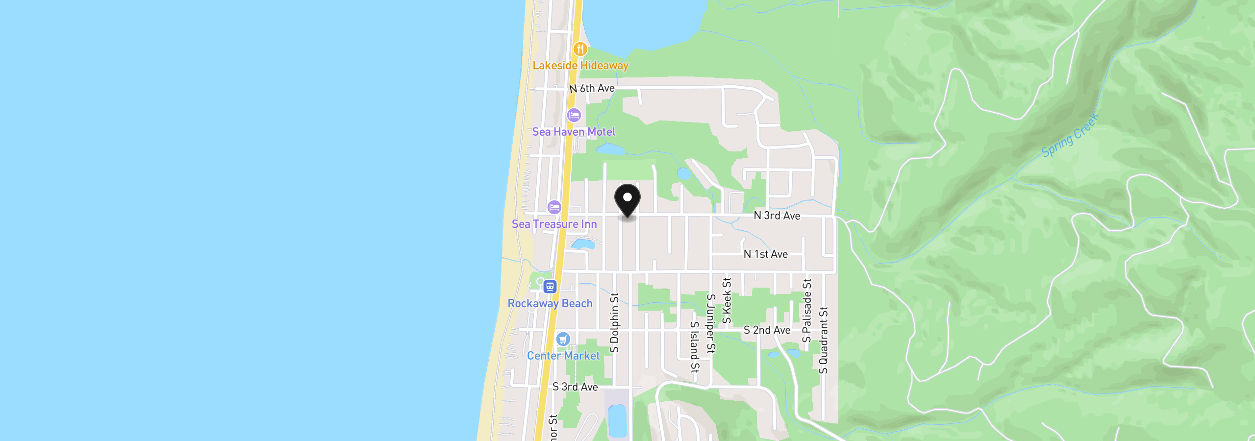 Map showing the location of 406 N 3rd Ave, Rockaway Beach, OR 97136