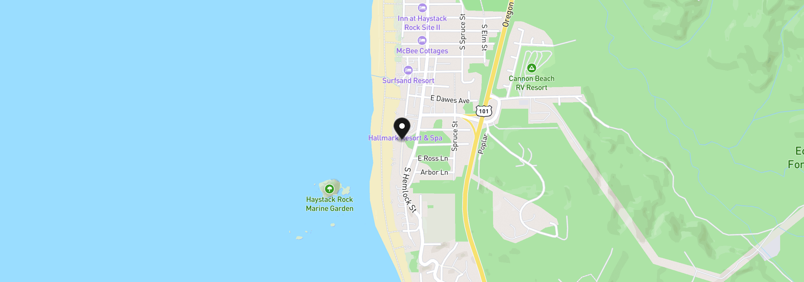 Map showing the location of Forest Lawn Rd, Cannon Beach, OR 97110