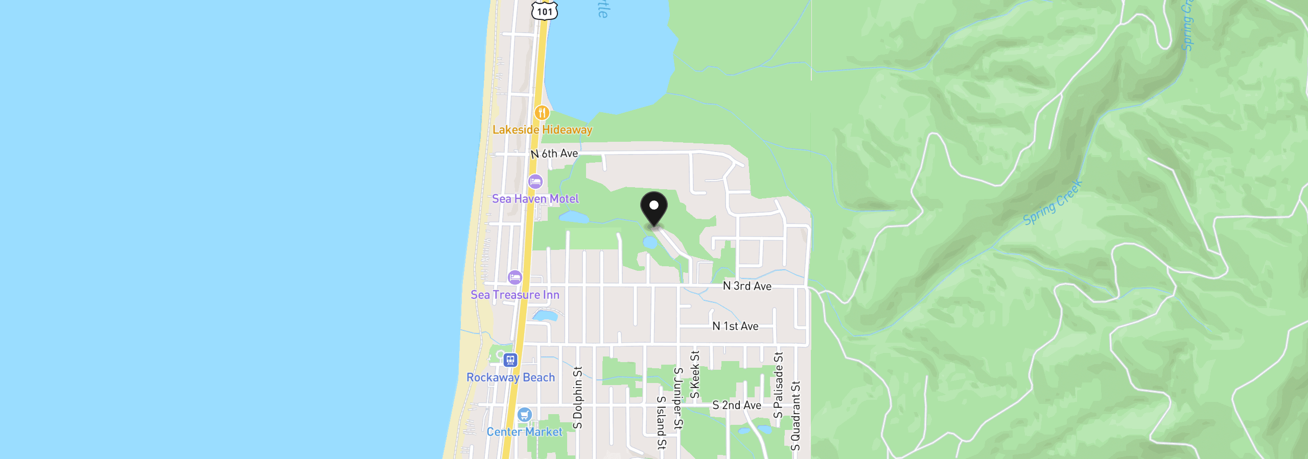 Map showing the location of 385 N Juniper Ct, Rockaway Beach, OR 97136