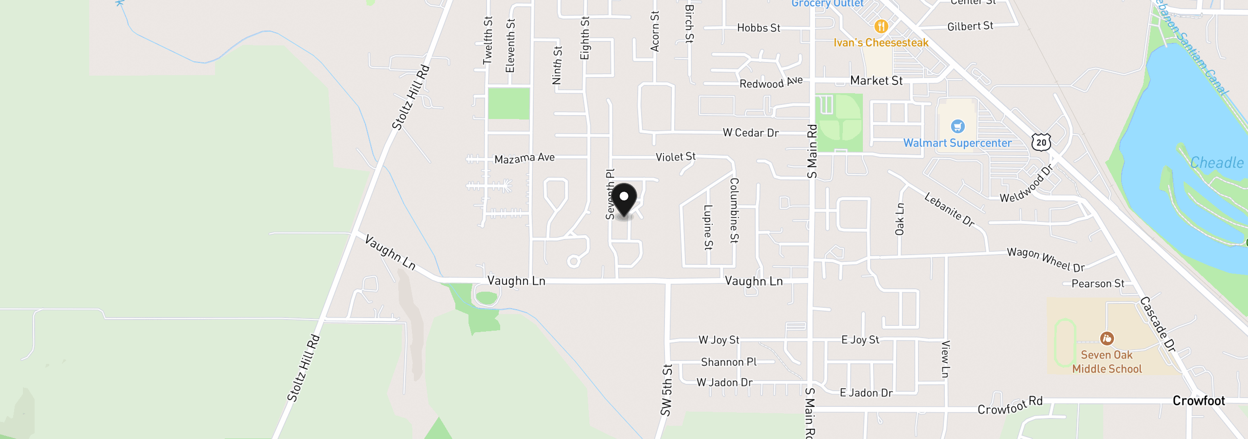 Map showing the location of 610 Vaughan Ln, Lebanon, OR 97355