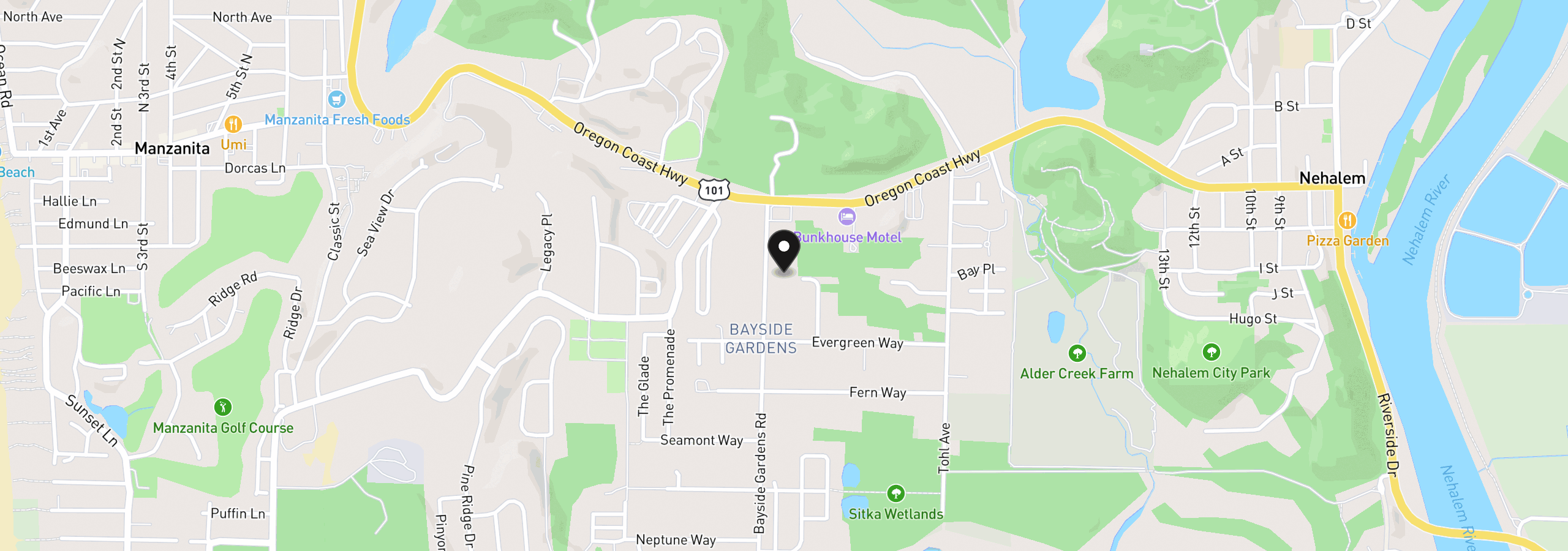 Map showing the location of 35355 Bayside Gardens Rd, Nehalem, OR 97131