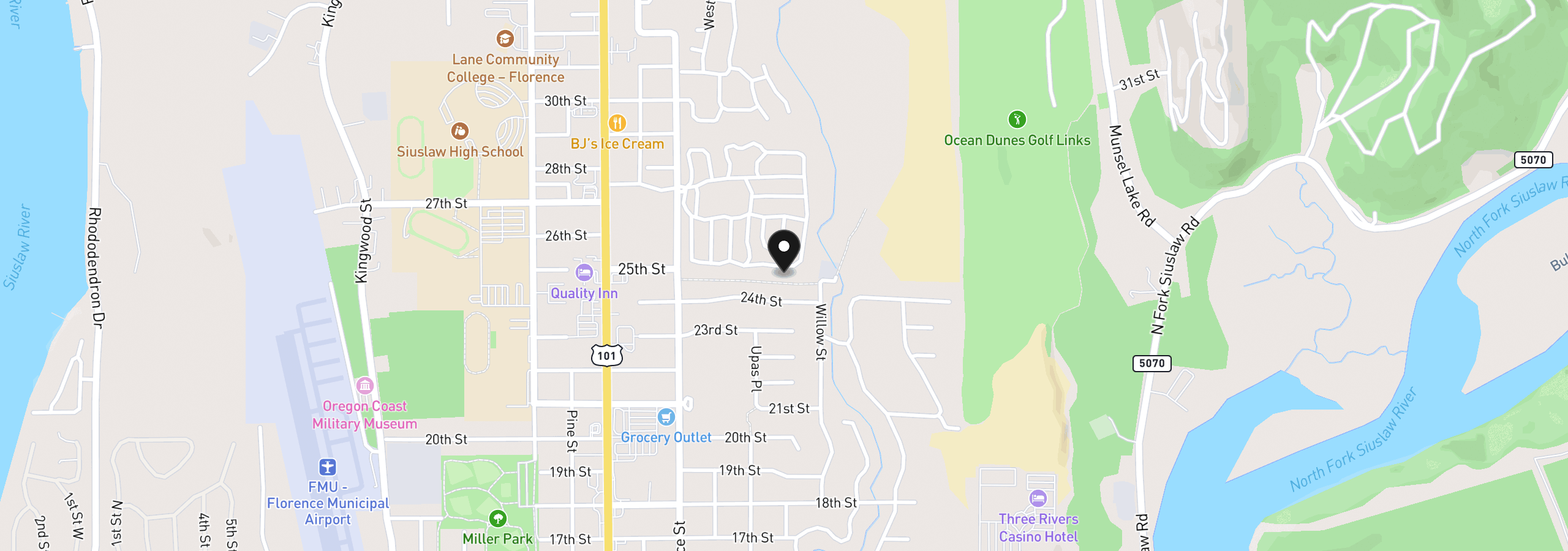 Map showing the location of 151 Outer Dr, Florence, OR 97439