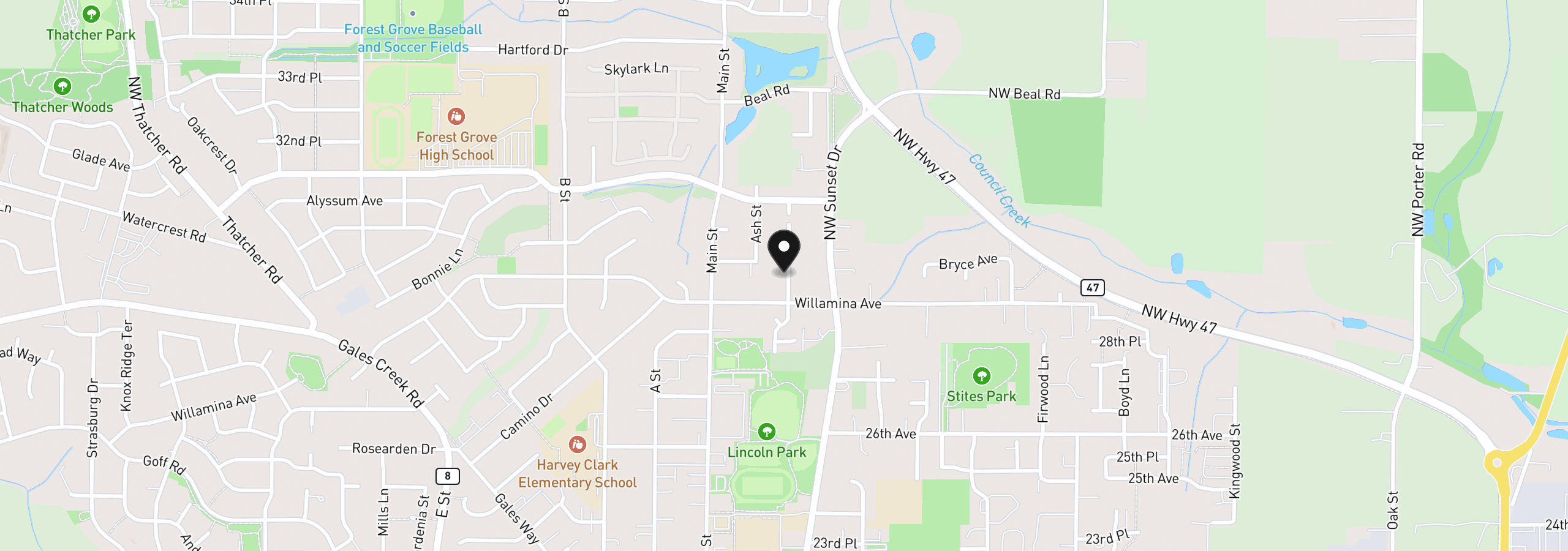 Map showing the location of 2922 Raymond St, Forest Grove, OR 97116