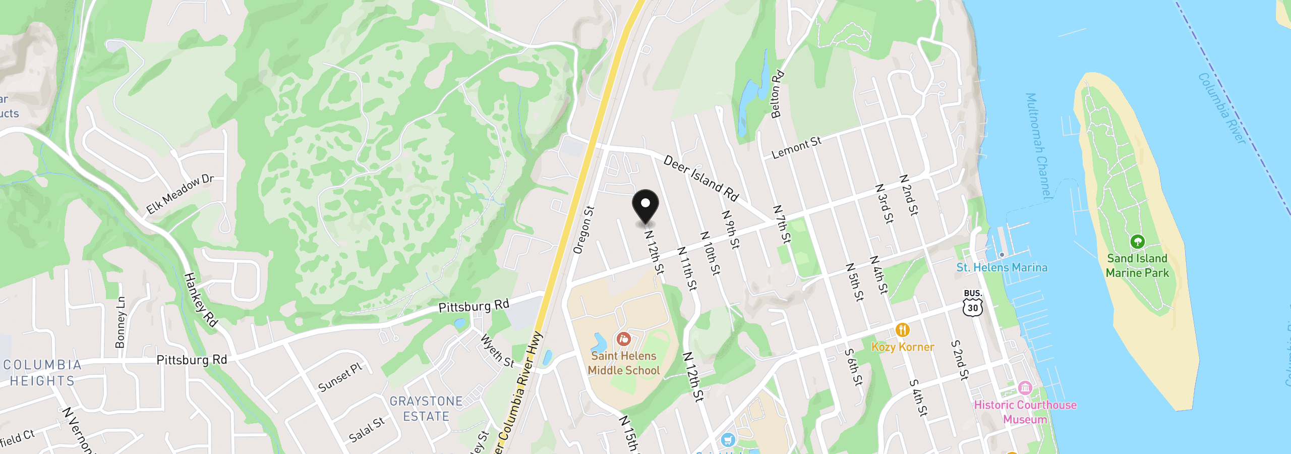 Map showing the location of 453 N 12th St, St. Helens, OR 97051