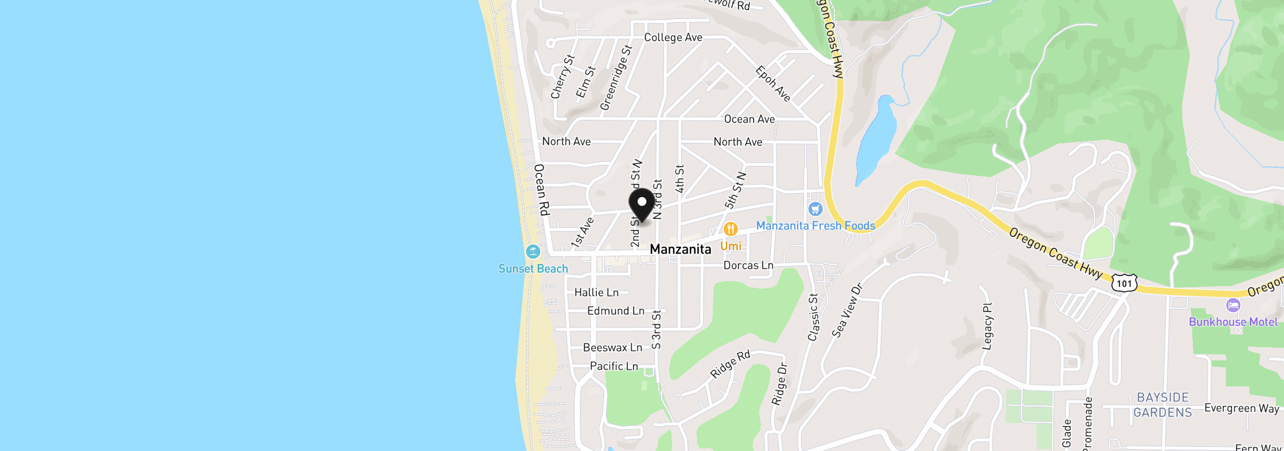 Map showing the location of 250 N Second St, Manzanita, OR 97130