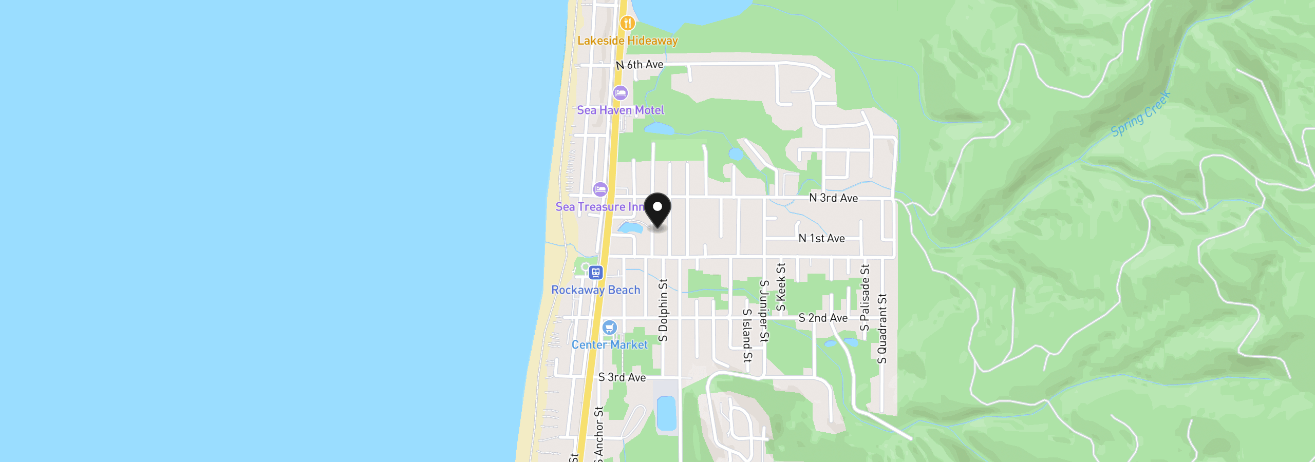 Map showing the location of 140 N Coral St, Rockaway Beach, OR 97136