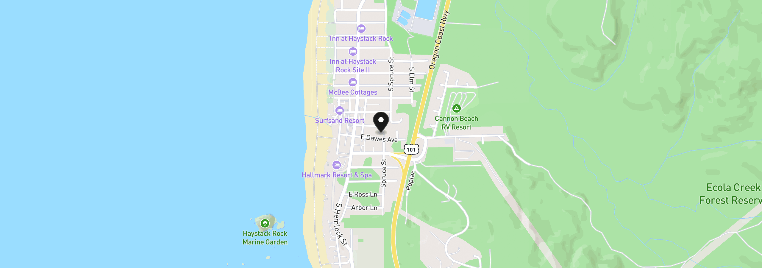 Map showing the location of 188 E Dawes Ave, Cannon Beach, OR 97110
